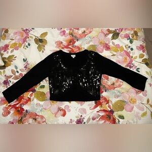 NEW! Black cropped sweater, sequin front, button up. Size: Medium